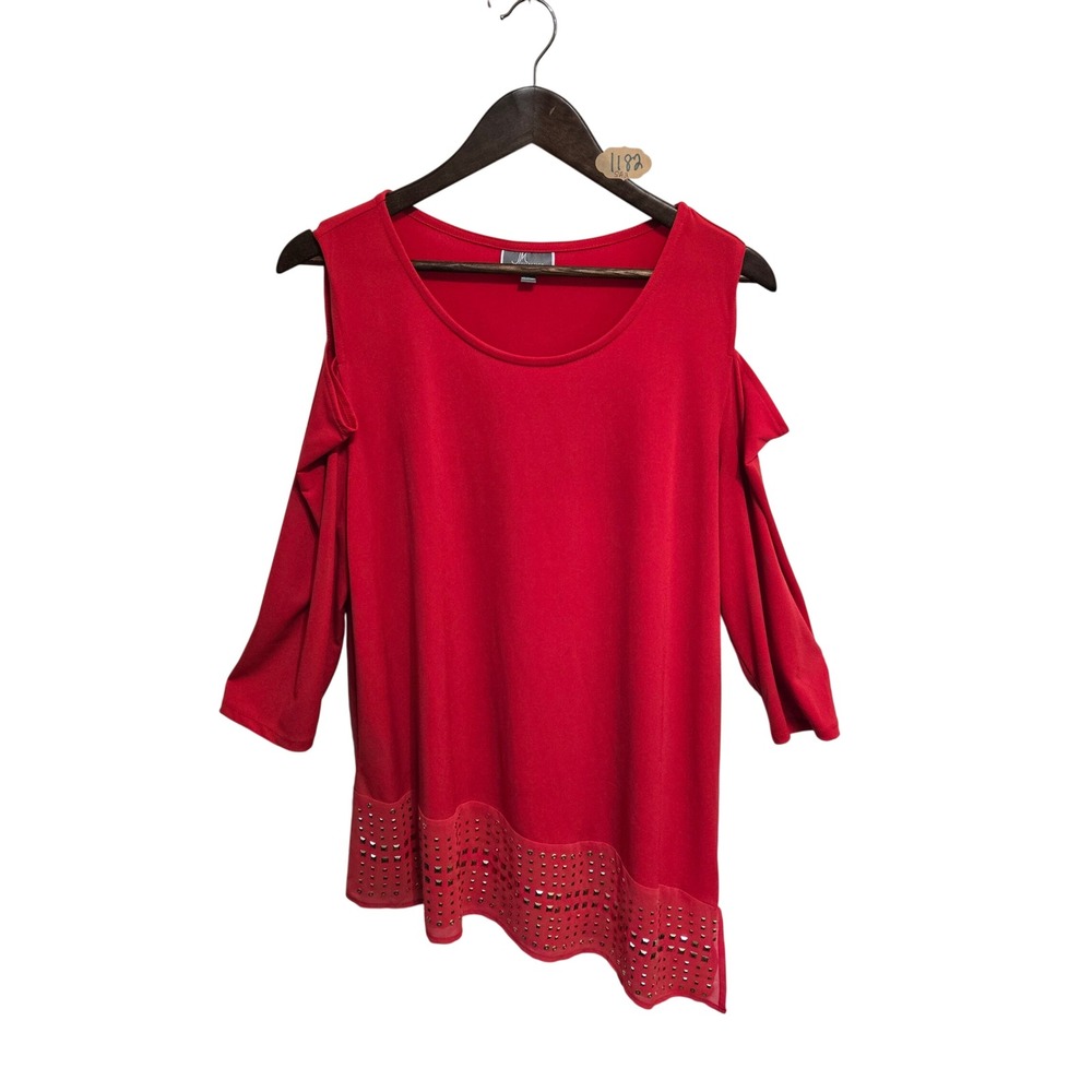 JM Collection Womens Red Cold Shoulder Studded Hem Blouse Top Size Large